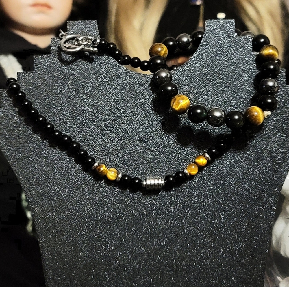 UNISEX SET: Stone Necklace & Bracelet Set: Grounding & Protection
